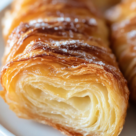 A close-up of a warm and flaky kouign-amann dessert, a Breton pastry, known for its high butter content, made from laminated dough, with layers of buttery pastry, caramelized sugar, and a soft and chewy interior, resembling a caramelized croissant, baked until golden brown and crispy on the outside, and soft and buttery on the inside, showing the mastery of French pastry techniques, and the rich and indulgent flavors, presented artistically on a plate or in a pastry basket, and ready to be savored as a delicious breakfast, snack, or dessert, isolated on a clean white background.の素材