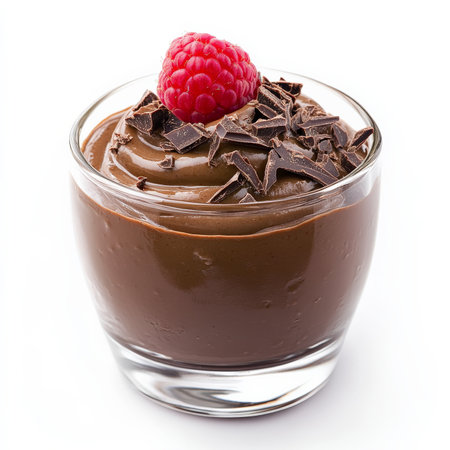 A close-up of a mousse au chocolat, a light and airy chocolate mousse, made with dark chocolate, eggs, sugar, and cream, served in a glass or ramekin, garnished with chocolate shavings and a raspberry, showing the smooth texture and the intense chocolate flavor, isolated on a clean white background.の素材