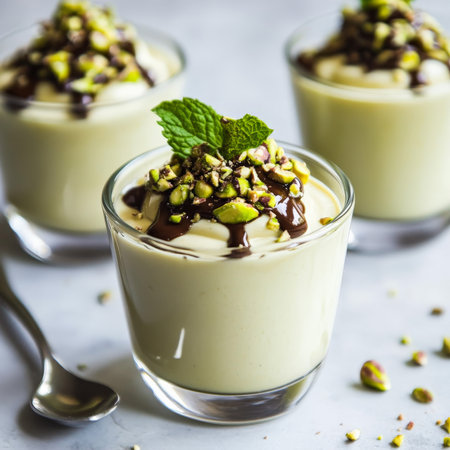 A close-up of a creamy crema di pistacchio dessert, a decadent and flavorful Italian dessert, made with heavy cream, sugar, egg yolks, and pistachio paste, resulting in a rich and aromatic cream, served in individual glasses or ramekins, and topped with a drizzle of chocolate sauce, a sprinkle of crushed pistachios, and fresh mint leaves, showing the vibrant green color and the unique flavor of Sicilian pistachios, presented beautifully with a spoon, and ready to be enjoyed, isolated on a clean white background.の素材