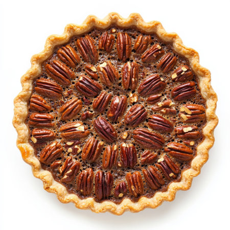 A freshly baked pecan pie with a caramelized, nutty topping and a buttery, flaky crust. The glossy pecans are arranged beautifully on the surface, making for a stunning holiday dessert. Isolated on clean white backgroundの素材