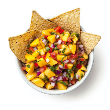 A bowl of vibrant mango salsa with diced mango, red bell pepper, red onion, cilantro, and lime juice, served with crispy tortilla chips. A tropical-inspired appetizer. Isolated on clean white backgroundの素材