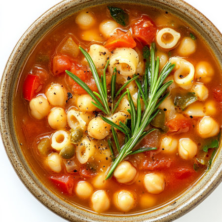 A close-up of a warm and comforting pasta e ceci soup, a hearty Italian pasta and chickpea soup, with ditalini pasta, chickpeas, tomatoes, and vegetables, simmered in a flavorful broth and garnished with fresh rosemary and a drizzle of olive oil, served in a rustic bowl, isolated on clean white background.の素材