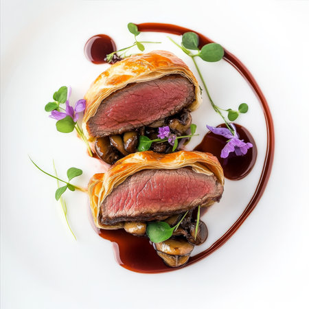 A deconstructed beef Wellington, featuring a perfectly seared filet mignon, a delicate mushroom duxelles, and a crispy puff pastry element, served with a rich red wine reduction, garnished with microgreens and edible flowers, presented on a minimalist white plate, showing the precision and artistry of high-end culinary presentation, isolated on a clean white background.の素材