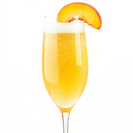A close-up of a refreshing bellini cocktail, a classic Italian drink, made with Prosecco and peach purÃÂ©e, served in a flute glass and garnished with a peach slice, perfect for a celebratory toast, isolated on clean white background.の素材