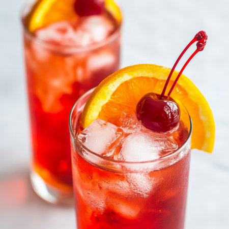 A close-up of a refreshing Campari Orange cocktail, a classic Italian drink, made with Campari, orange juice, and a splash of soda water, served in a highball glass filled with ice, garnished with an orange slice, and a vibrant red cherry, showing the deep red hue of the Campari and the citrusy aroma, perfect for sipping at a cafe, isolated on clean white background.の素材