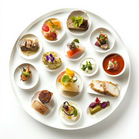 A meal presented in a series of small, artfully arranged dishes, perhaps on a tiered serving tray, encouraging the diner to explore different flavors and combinations, the artistry of a curated tasting experience, isolated on clean white background.の素材
