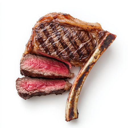 A perfectly grilled tomahawk steak, cooked to a medium-rare perfection, with a beautifully seared crust. The thick bone-in ribeye is sliced to showcase its juicy, marbled texture. Isolated on clean white backgroundの素材