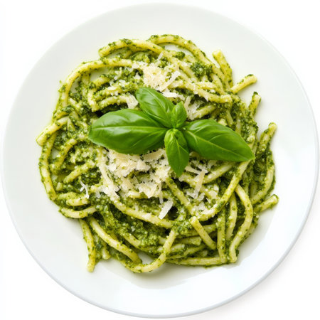 A plate of trofie al pesto, featuring twisted pasta tossed with a vibrant green pesto sauce made with basil, pine nuts, garlic, parmesan cheese, and olive oil, a classic Ligurian dish, garnished with grated pecorino romano cheese and a sprig of fresh basil, isolated on clean white background.の素材