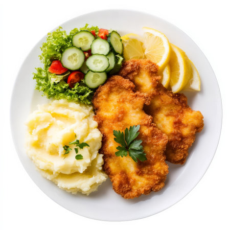 A plate of golden-brown chicken schnitzel, served with a side of buttery mashed potatoes, lemon wedges, and a fresh cucumber salad. A classic European dish. Isolated on clean white backgroundの素材