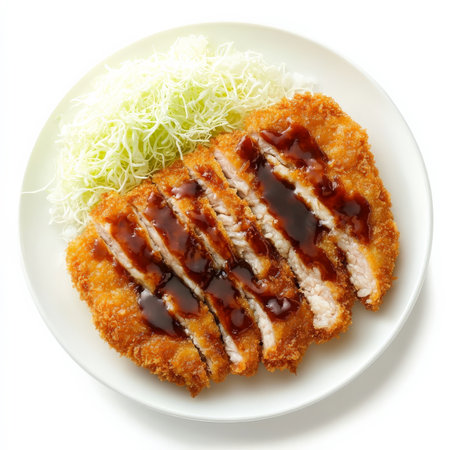 A plate of crispy pork tonkatsu, served with shredded cabbage, steamed white rice, and a drizzle of thick tonkatsu sauce. A popular Japanese dish. Isolated on clean white backgroundの素材