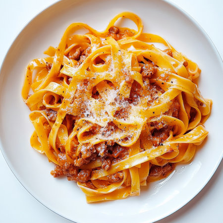A plate of tagliatelle al ragÃÂ¹ di salsiccia e friarielli, featuring long, flat egg noodles tossed in a rich and flavorful ragÃÂ¹ sauce, made with Italian sausage, friarielli (a bitter green vegetable), garlic, white wine, chili flakes, and a touch of tomato sauce, resulting in a hearty and satisfying pasta dish with a slightly spicy, garnished with freshly grated pecorino romano cheese and a drizzle of olive oil, arranged artistically on a plate, showing the rustic flavors of southern Italian cuisine, and ready to be served, isolated on a clean white background.の素材