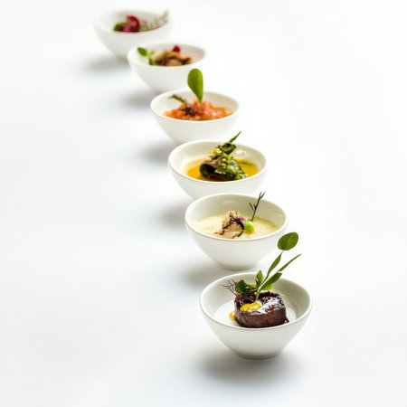 A tasting menu progression: several small dishes arranged in a line, each representing a step in a culinary journey, the artistry of curating and presenting a cohesive and balanced meal experience, isolated on clean white background.の素材
