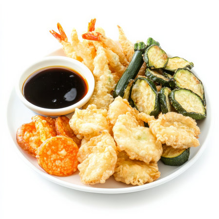 A platter of crispy vegetable tempura, including zucchini, sweet potatoes, and bell peppers, served with a side of soy dipping sauce. A Japanese delicacy. Isolated on clean white backgroundの素材