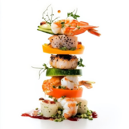 A vertically stacked appetizer: perhaps a tower of seafood, vegetables, or meat, arranged to create a sense of height and drama, a modern approach to classic flavor combinations, isolated on clean white background.の素材