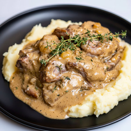 A plate of rabbit Ã la moutarde, tender rabbit meat braised in a creamy mustard sauce, with Dijon mustard, white wine, cream, and herbs, resulting in a rich and flavorful dish, served with creamy mashed potatoes or egg noodles, and garnished with fresh thyme, showing the artistry of French braising techniques, and the balanced combination of flavors, arranged artistically on a black plate, and ready to be enjoyed as a comforting and elegant main of course, isolated on a clean white background.の素材