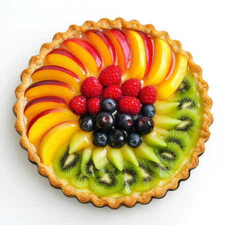 A vibrant and colorful tarte aux fruits, a French fruit tart, with a buttery crust filled with a creamy pastry cream and topped with fresh seasonal fruits, such as berries, kiwi, and peaches, arranged in a decorative pattern, showing the artistry of French pastry and the freshness of the fruit, isolated on a clean white background.の素材