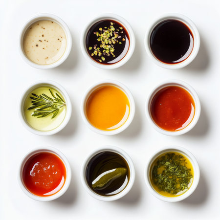 A tasting flight of sauces, each created with the same base ingredient but with different preparations and seasonings: allowing the diner to appreciate the nuances of flavor that can be achieved through varying cooking methods and flavor profiles, and exploring the power of sauce as a culinary medium, presented in a minimalist and educational way, and ready to be savored and compared, isolated on a clean white background.の素材