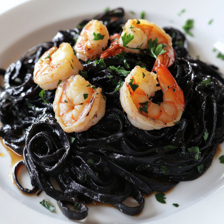 A plate of tagliolini al nero di seppia con gamberi, featuring long, thin egg noodles, flavored with squid ink, tossed with sautÃÂ©ed shrimp, garlic, white wine, and a touch of chili, resulting in a dramatic black pasta dish with a rich seafood flavor, garnished with fresh parsley and a drizzle of olive oil, arranged artistically on a white plate, showing the contrast of the black pasta and the pink shrimp, isolated on clean white background.の素材