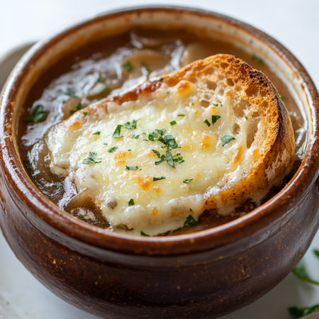 A vibrant bowl of soupe Ã l'oignon gratinÃÂ©e, a French onion soup, enriched with a touch of white wine, topped with a crusty baguette slice and melted GruyÃÂ¨re cheese, bubbling hot and ready to be enjoyed, served in a traditional French onion soup bowl and sprinkled with fresh thyme and parsley, showing the depth of flavor and the satisfying warmth of the soup, perfect for a cold day, and presented with a rustic charm, isolated on a clean white background.の素材
