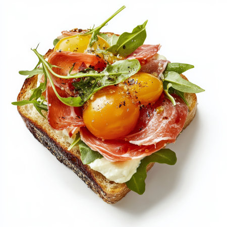 An open-faced sandwich, elevated with high-quality ingredients and artistic arrangement, showing how even seemingly simple dishes can be reimagined for haute cuisine, emphasizing balance and composition, isolated on clean white background.の素材