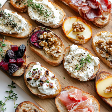 A vibrant platter of assorted goat cheese toasts, featuring grilled slices of rustic bread, topped with a variety of creamy and flavorful goat cheese preparations, such as warm and melted goat cheese with honey and thyme, creamy goat cheese mousse with roasted beets and walnuts, whipped goat cheese with herbs and black pepper, and tangy goat cheese crumbles with fig jam and prosciutto, arranged artistically on a wooden serving board, perfect for sharing as an appetizer, or creating a flavorful and diverse French-inspired tasting menu, highlighting the diversity and richness of French cheese culture, and ready to be enjoyed with a glass of dry white wine or sparkling cider, isolated on a clean white background.の素材