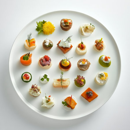 An artfully arranged plate of small bites, each a miniature version of a larger dish, showcasing the chef's skill in creating diverse and complex flavors in a bite-sized format, the artistry of miniature cuisine, perfect for a tasting menu, isolated on a clean white background.の素材