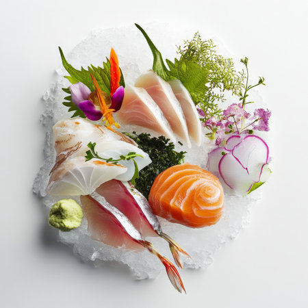 A visually stunning dish featuring a raw bar element: delicate slices of sashimi, artfully arranged on a bed of ice, with various garnishes like seaweed salad, ginger, and wasabi, presented in a minimalist and clean composition, emphasizing the freshness of the seafood, isolated on clean white background.の素材