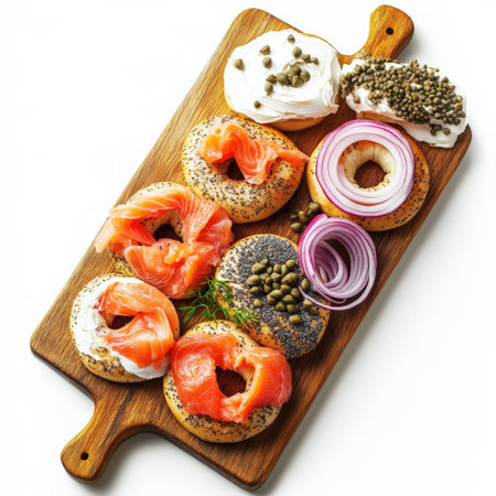 A wooden cutting board with an assortment of freshly baked bagels, served with cream cheese, smoked salmon, capers, and thinly sliced red onions. A classic breakfast option. Isolated on clean white backgroundの素材