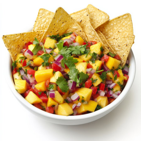 A bowl of vibrant mango salsa with diced mango, red bell pepper, red onion, cilantro, and lime juice, served with crispy tortilla chips. A tropical-inspired appetizer. Isolated on clean white backgroundの素材