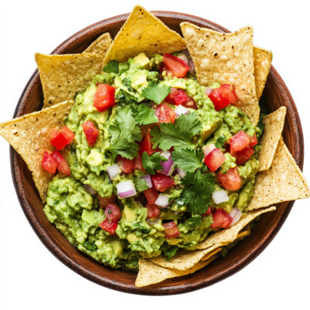 A bowl of fresh guacamole made with mashed avocados, diced tomatoes, onions, cilantro, and a squeeze of lime juice. The vibrant green dip is served with crispy tortilla chips for a classic Mexican appetizer. Isolated on clean white backgroundの素材