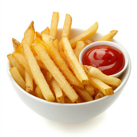 A bowl of golden French fries with a crispy, lightly salted exterior and a fluffy potato interior. Served with a side of ketchup for dipping. The perfect fast-food indulgence. Isolated on clean white backgroundの素材
