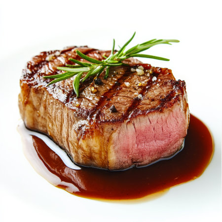 A beautifully scored piece of meat, its crusty showcasing the Maillard reaction, served with a rich and flavorful sauce, emphasizing the precision and technique of meat cooking in haute cuisine, isolated on clean white background.の素材
