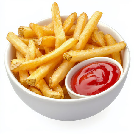 A bowl of golden French fries with a crispy, lightly salted exterior and a fluffy potato interior. Served with a side of ketchup for dipping. The perfect fast-food indulgence. Isolated on clean white backgroundの素材