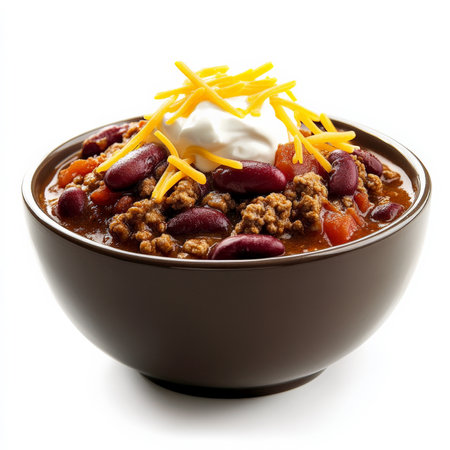 A bowl of hearty chili with ground beef, kidney beans, tomatoes, and a blend of warm spices. Topped with shredded cheese and a dollop of sour cream for extra richness. Isolated on clean white backgroundの素材