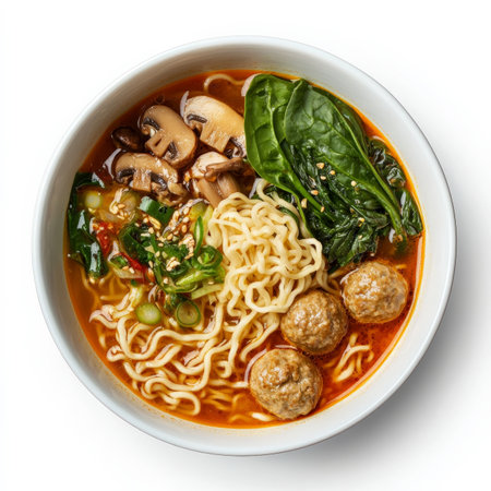 A bowl of Japanese ramen, transformed with the rich and savory flavors of Italian cuisine, featuring a rich broth, noodles, vegetables, and a variety of toppings, such as meatballs, mushrooms, and spinach, a unique and flavorful fusion of two classic noodle dishes, isolated on a clean white background.の素材