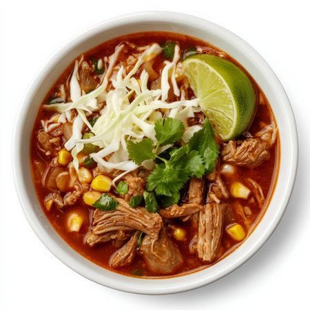 A bowl of traditional Mexican pozole, filled with slow-cooked pork, hominy corn, and a spicy red chili broth, garnished with shredded cabbage and lime wedges. Isolated on clean white backgroundの素材