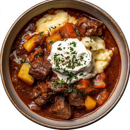A bowl of Ethiopian stew, transformed with the rich and creamy textures of French cuisine, featuring beef, chicken, or vegetables cooked in a spicy berbere sauce, served over mashed potatoes instead of injera bread, and topped with a dollop of crÃÂ¨me fraÃÂ®che, a unique and flavorful fusion of two distinct stew traditions, showing the creative blending of culinary styles, isolated on a clean white background.の素材