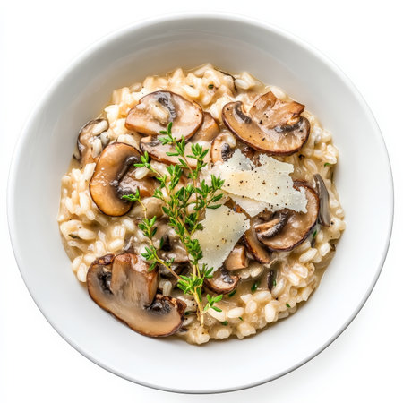 A bowl of creamy mushroom risotto, made with Arborio rice, wild mushrooms, Parmesan cheese, and fresh herbs, topped with a drizzle of truffle oil. Isolated on clean white backgroundの素材