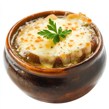 A classic French onion soup, served in a rustic bowl with caramelized onions, rich beef broth, and a thick layer of melted GruyÃÂ¨re cheese on top. Isolated on clean white backgroundの素材