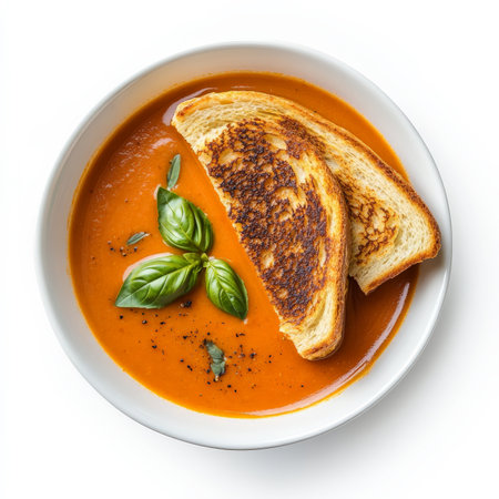 A bowl of creamy tomato basil soup, served with a crispy grilled cheese sandwich, cut into halves and placed beside the soup. A comforting meal. Isolated on clean white backgroundの素材