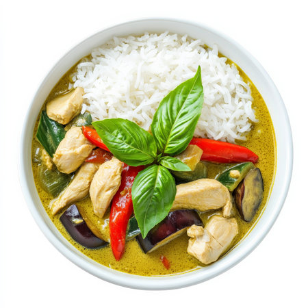 A bowl of vibrant Thai green curry, with tender chicken, eggplant, bell peppers, and fragrant coconut milk, served with steamed jasmine rice. The dish is garnished with fresh Thai basil. Isolated on clean white backgroundの素材