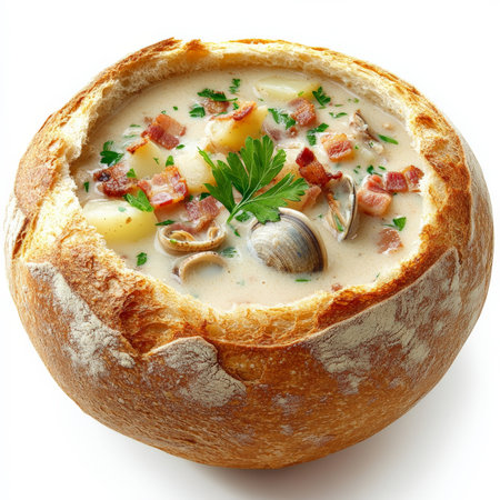 A bowl of thick and creamy clam chowder with tender clams, diced potatoes, and crispy bacon, served in a sourdough bread bowl with a garnish of fresh parsley. Isolated on clean white backgroundの素材