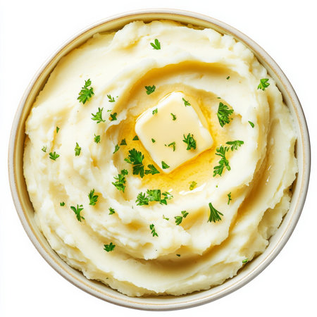 A bowl of creamy mashed potatoes with a swirl of melted butter on top, garnished with freshly chopped parsley. Smooth, fluffy, and full of comforting flavor. Isolated on clean white backgroundの素材