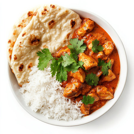 A bowl of fragrant Indian chicken tikka masala, featuring tender, marinated chicken pieces simmered in a rich, creamy tomato-based curry sauce. Served with a side of warm, buttery naan bread and fluffy basmati rice, garnished with fresh cilantro for a vibrant touch. Isolated on clean white backgroundの素材