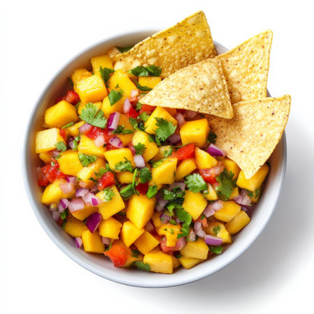 A bowl of vibrant mango salsa with diced mango, red bell pepper, red onion, cilantro, and lime juice, served with crispy tortilla chips. A tropical-inspired appetizer. Isolated on clean white backgroundの素材