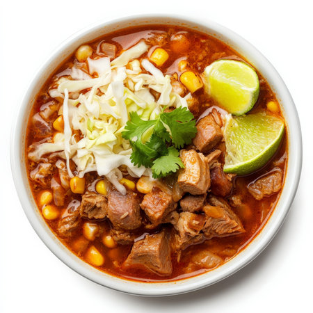 A bowl of traditional Mexican pozole, filled with slow-cooked pork, hominy corn, and a spicy red chili broth, garnished with shredded cabbage and lime wedges. Isolated on clean white backgroundの素材