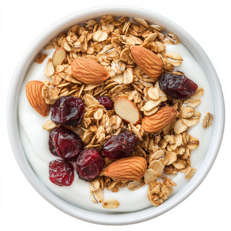 A bowl of homemade granola with rolled oats, almonds, dried cranberries, and honey-roasted nuts. Served with fresh yogurt for a healthy and crunchy breakfast. Isolated on clean white backgroundの素材
