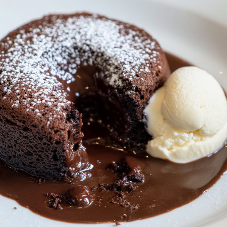 A close-up of a chocolate fondant, a decadent and warm French dessert, with a dark chocolate cake shell, baked until the edges are set and the center is still warm and molten, oozing out a rich and gooey chocolate lava when sliced open, served warm with a scoop of vanilla ice cream, or a dollop of whipped cream, and dusted with powdered sugar, showing the intense chocolate flavor, and the contrasting textures, presented artistically on a dessert plate, and ready to be enjoyed as a luxurious and satisfying end to a meal, isolated on a clean white background.の素材