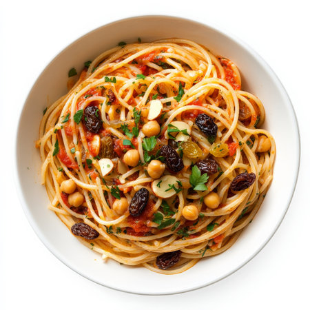 A bowl of Italian pasta, transformed with the vibrant spices and ingredients of North African cuisine, featuring spaghetti tossed with a tomato sauce, chickpeas, harissa paste, raisins, almonds, and preserved lemons, a flavorful and aromatic pasta dish that marries the best of both regions, isolated on a clean white background.の素材