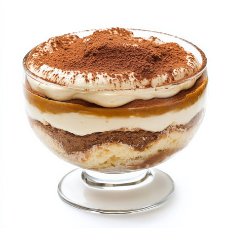 A close-up of a classic tiramisu dessert, with layers of espresso-soaked ladyfingers, creamy mascarpone filling, and a dusting of cocoa powder, served in a glass dish to showcase the layers, isolated on clean white background.の素材